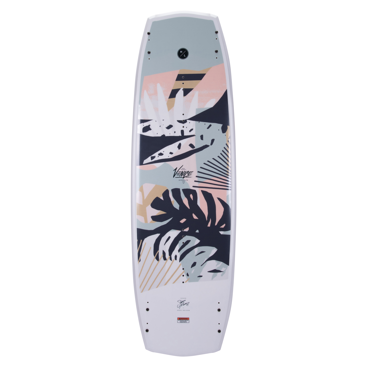 Hyperlite Venice Wakeboard 2024 - A light blue wakeboard with a pink and tan abstract design, featuring dark navy shapes and lines.