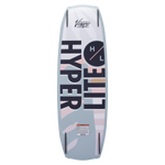Hyperlite Venice - A white wakeboard with a black logo at the top, featuring a pink and blue abstract design on its bottom half.
