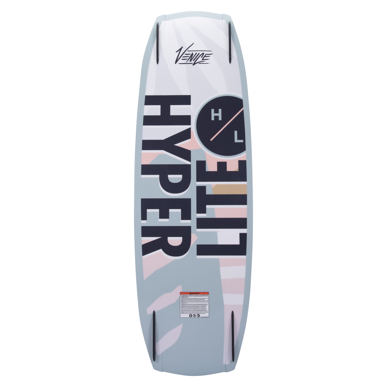 Hyperlite Venice - A white wakeboard with a black logo at the top, featuring a pink and blue abstract design on its bottom half.