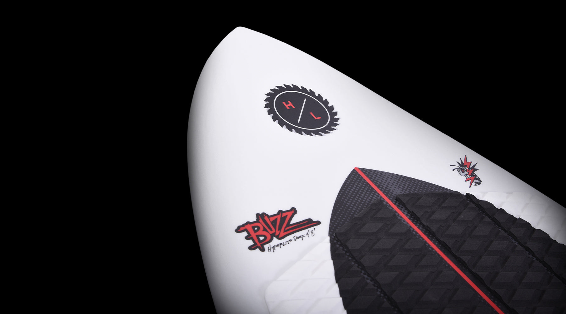 Hyperlite Buzz Wakesurf Board 2024 - A white wakesurf board with a black logo featuring red lettering that reads "BUZZ" in graffiti-style font.