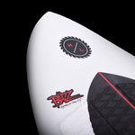 Hyperlite Buzz Wakesurf Board 2024 - A white wakesurf board with a black logo featuring red lettering that reads "BUZZ" in graffiti-style font.