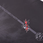 Hyperlite Buzz Wakesurf Board 2024 - A black wakesurf board with a white logo and red lettering on its top side.