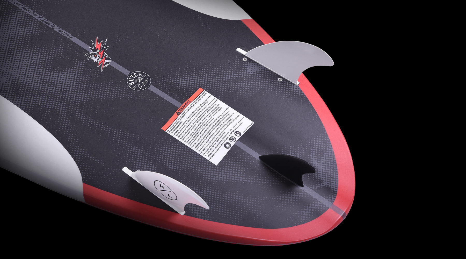 Hyperlite Buzz Wakesurf Board 2024 - A black wakesurf board with a red outline and white accents, featuring a distinctive logo on its top surface.