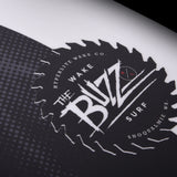 Hyperlite Buzz Wakesurf Board 2024 - A black wakesurf board with a white logo and red lettering on its top surface.