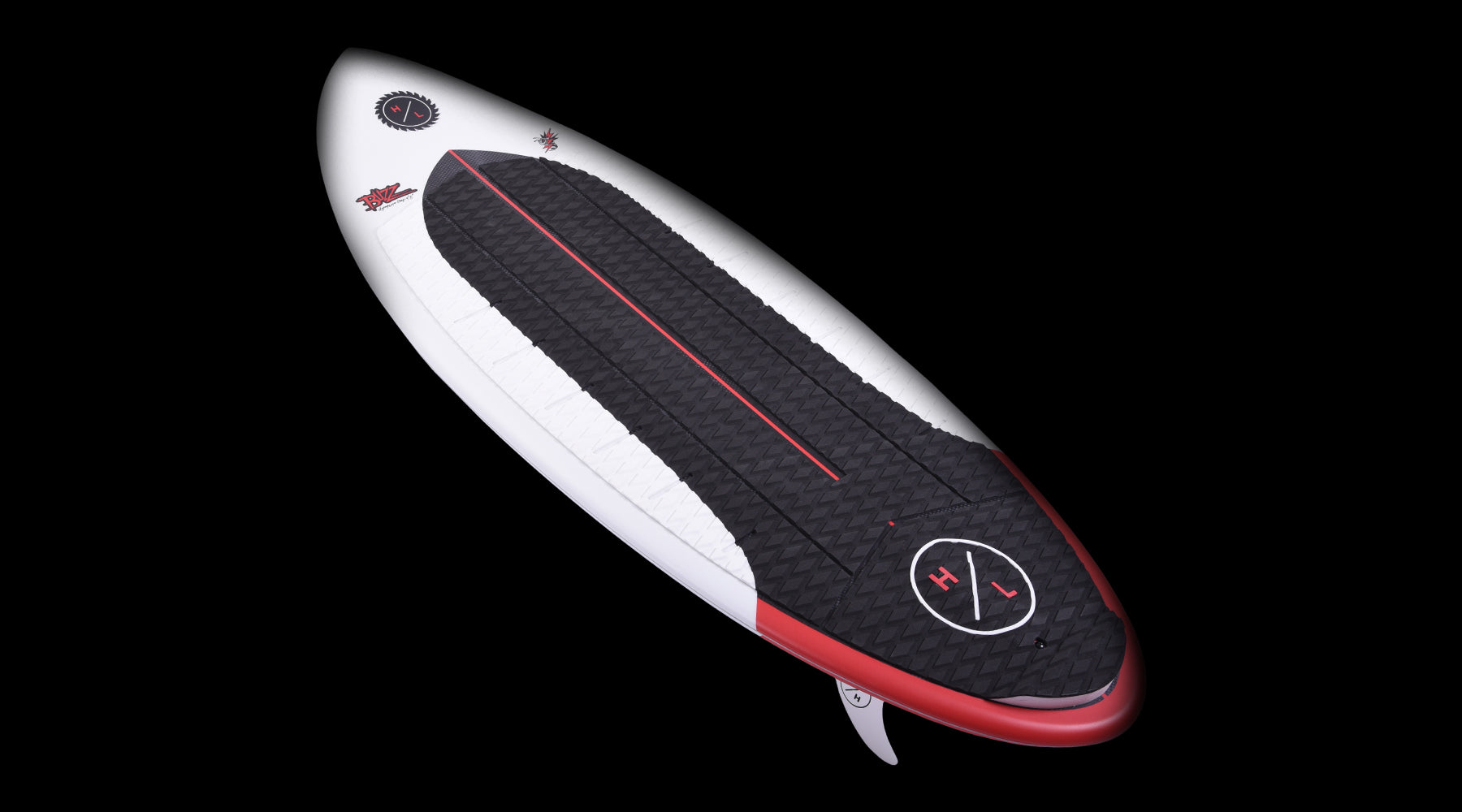 Hyperlite Buzz Wakesurf Board 2024 - A white wakesurf board with a black and red graphic on top.