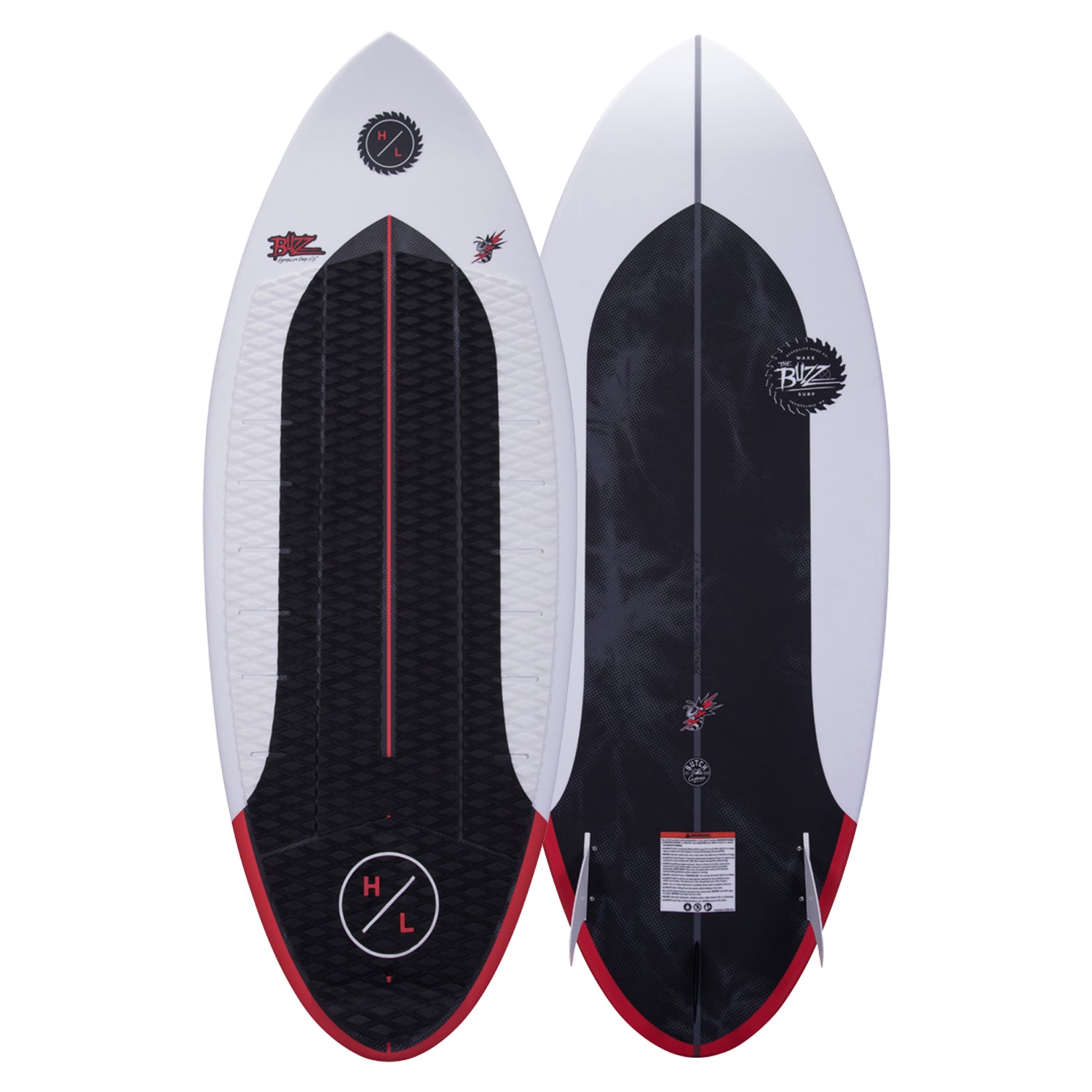 Hyperlite Buzz Wakesurf Board 2024 - A white wakesurf board with a black and red patterned graphic on its bottom.