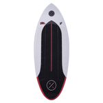 Hyperlite Buzz Wakesurf Board 2024 - A white wakesurf board with a black and red patterned graphic on its bottom.