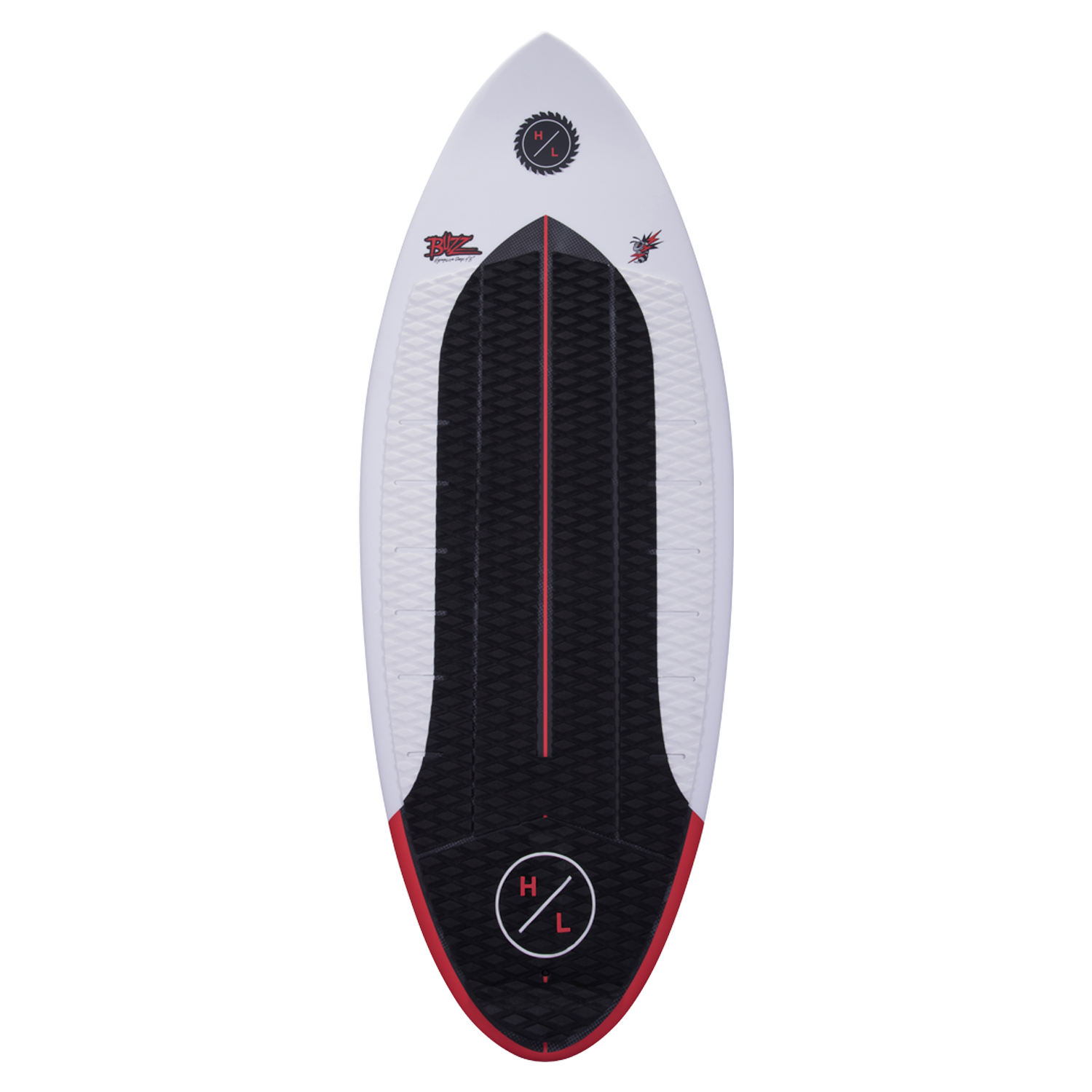 Hyperlite Buzz Wakesurf Board 2024 - A white wakesurf board with a black and red patterned graphic on its bottom.