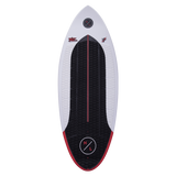 Hyperlite Buzz Wakesurf Board 2024 - A white wakesurf board with a black and red patterned graphic on its bottom.