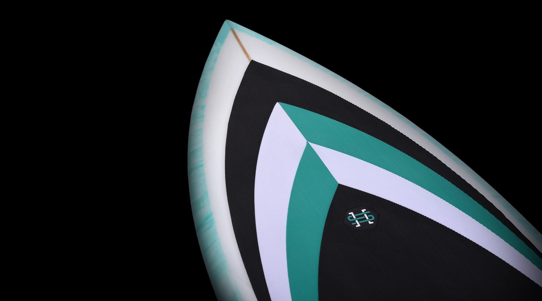 Hyperlite Frother 2.0 Wakesurf 2024 - A white wakesurf board with a teal and black graphic design, featuring a brown fin on top.