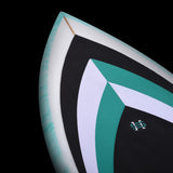 Hyperlite Frother 2.0 Wakesurf 2024 - A white wakesurf board with a teal and black graphic design, featuring a brown fin on top.