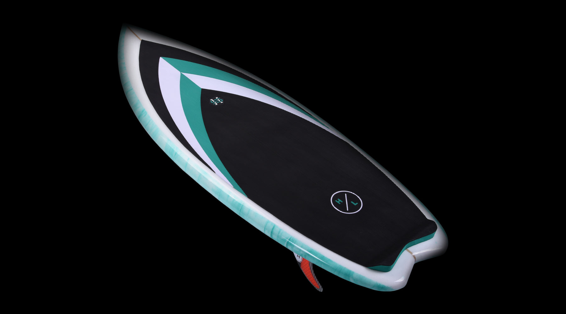 Hyperlite Frother 2.0 Wakesurf 2024 - A black wakesurf board with a white and teal stripe along its side, featuring a distinctive fin at the back.