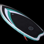 Hyperlite Frother 2.0 Wakesurf 2024 - A black wakesurf board with a white and teal stripe along its side, featuring a distinctive fin at the back.