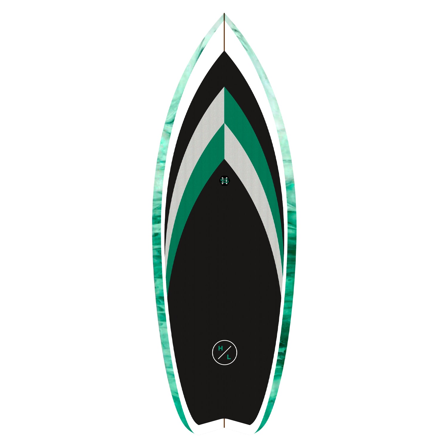 Hyperlite Frother 2.0 Wakesurf 2024 - A black wakesurf board with a green and white stripe down the middle.