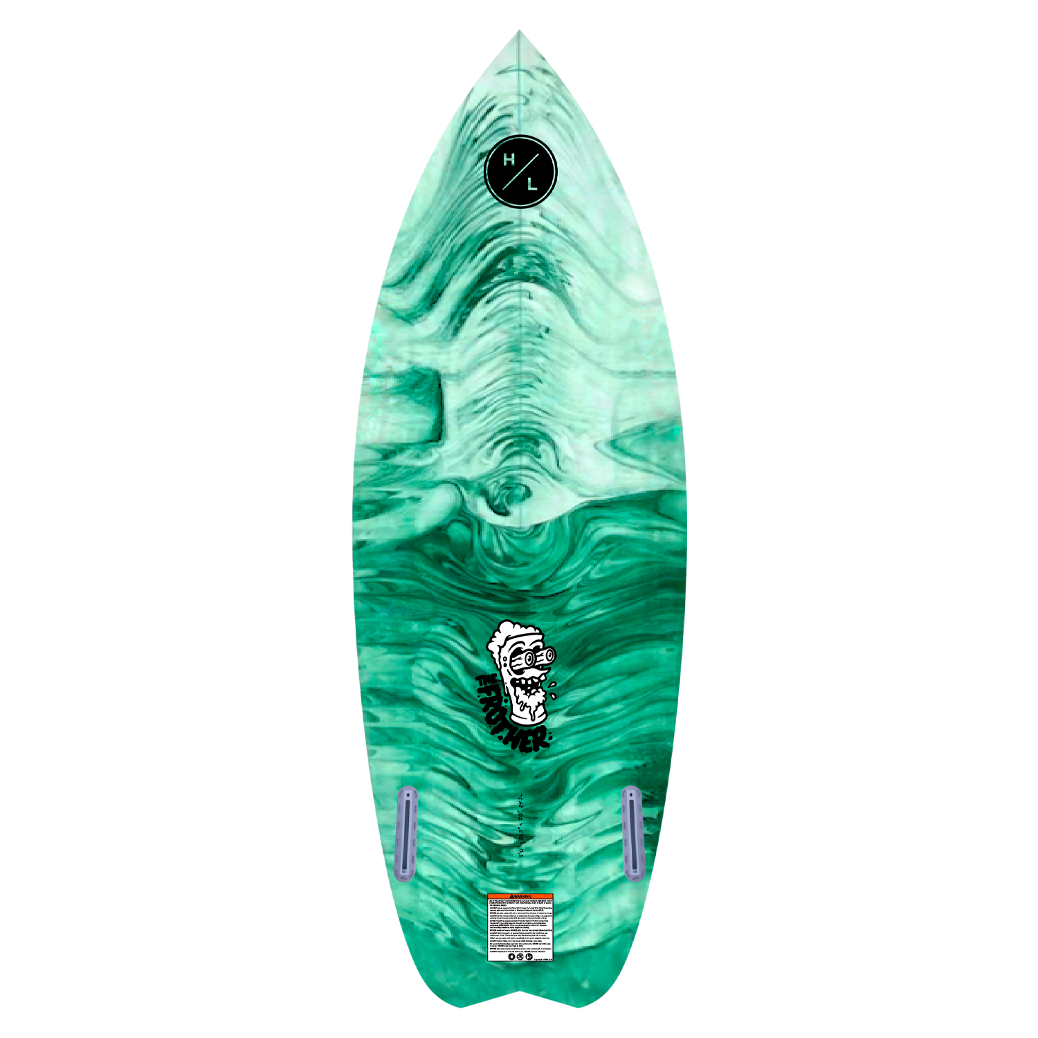 Hyperlite Frother 2.0 Wakesurf 2024 - A green and white wakesurf board with a wavy pattern on its surface.