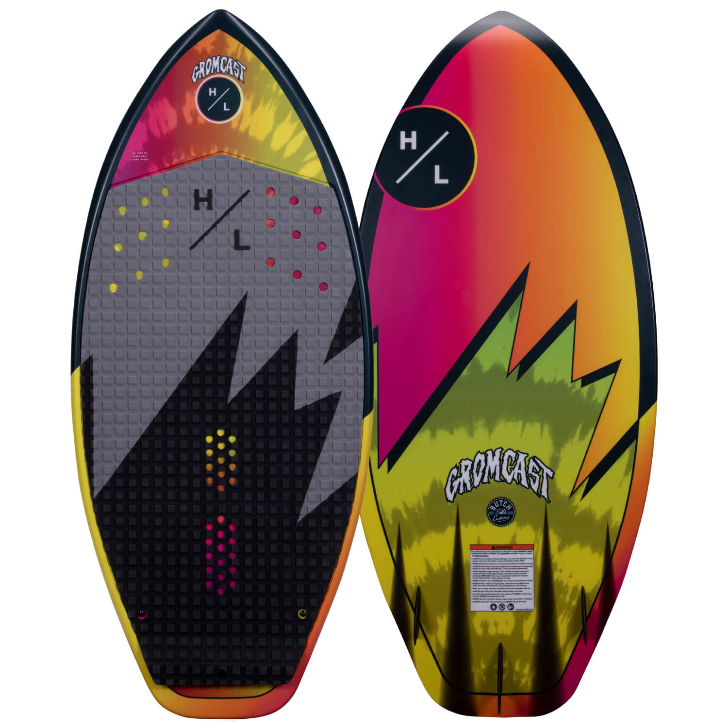 Hyperlite - Junior's Gromcast Wakesurf 2024 is shown from both sides, with a black and yellow color scheme.