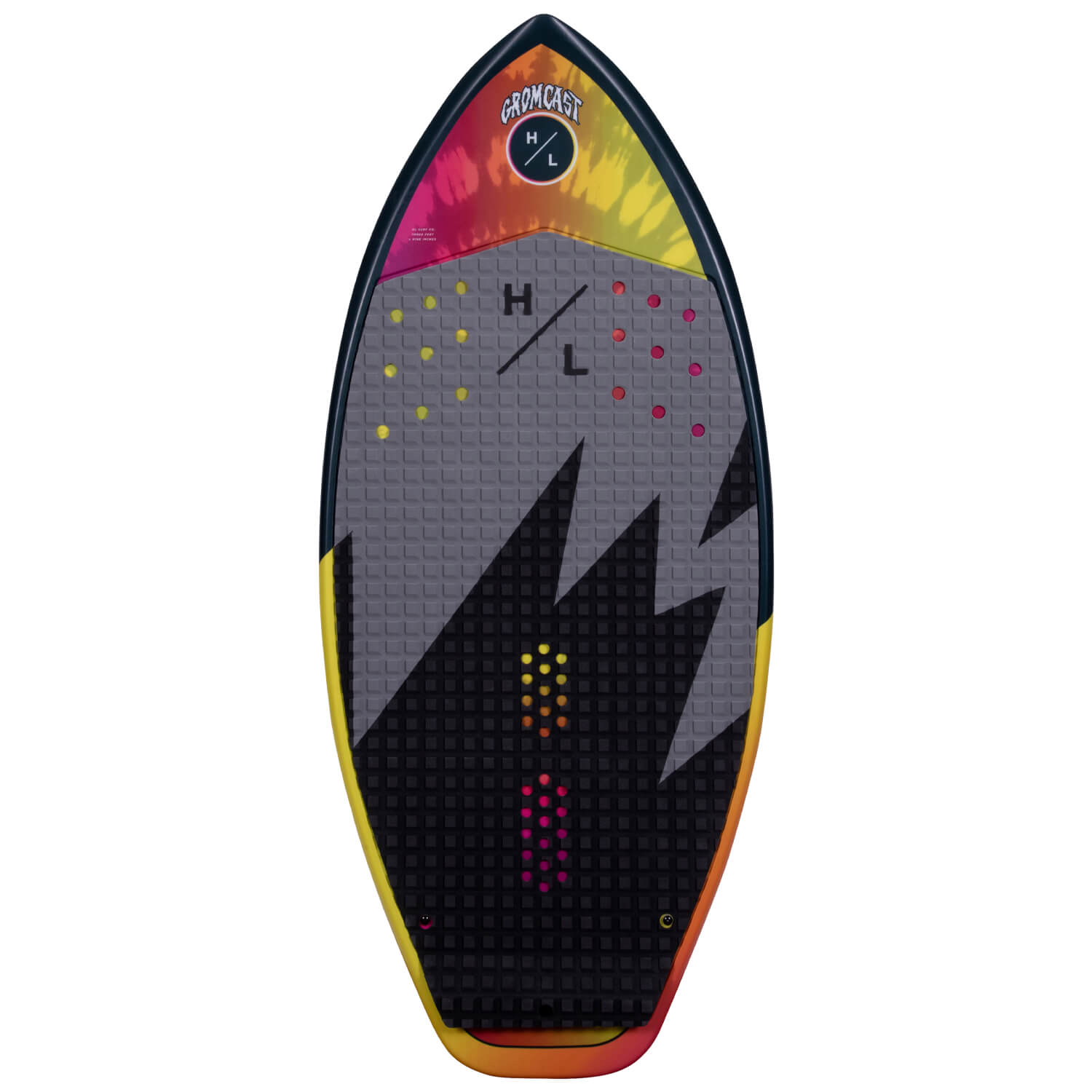 Hyperlite Junior's Gromcast Wakesurf 2024 - A wakesurf board with a gray and yellow color scheme, featuring a geometric pattern on its surface.
