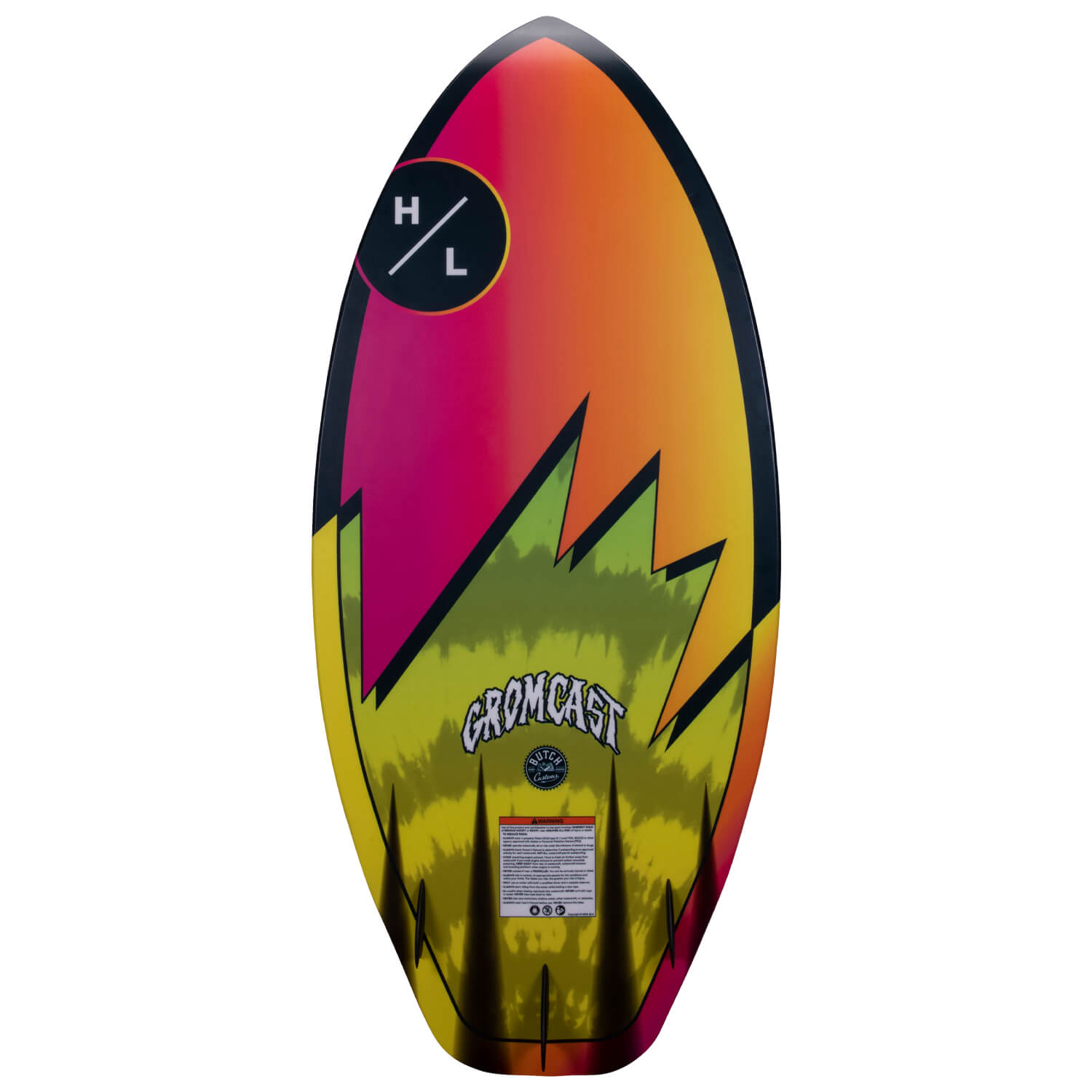 Hyperlite Junior's Gromcast Wakesurf 2024 - A wakesurf board with a green and yellow color scheme, featuring a black outline around the edges.