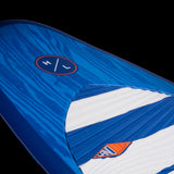 Hyperlite Landlock Wakesurf Board 2024 - A blue and white wakesurf board with a wood grain pattern on its deck.