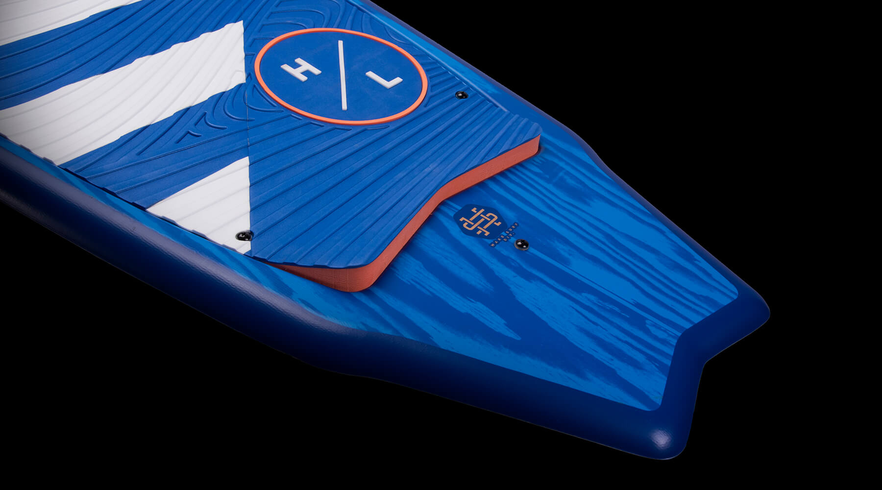 Hyperlite Landlock Wakesurf Board 2024 - A blue and white wakesurf board with a textured surface, featuring a circular logo on top.