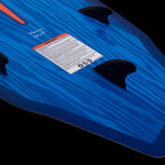 Hyperlite Landlock Wakesurf Board 2024 - A blue wakesurf board with a red logo on top and black fins at the bottom.