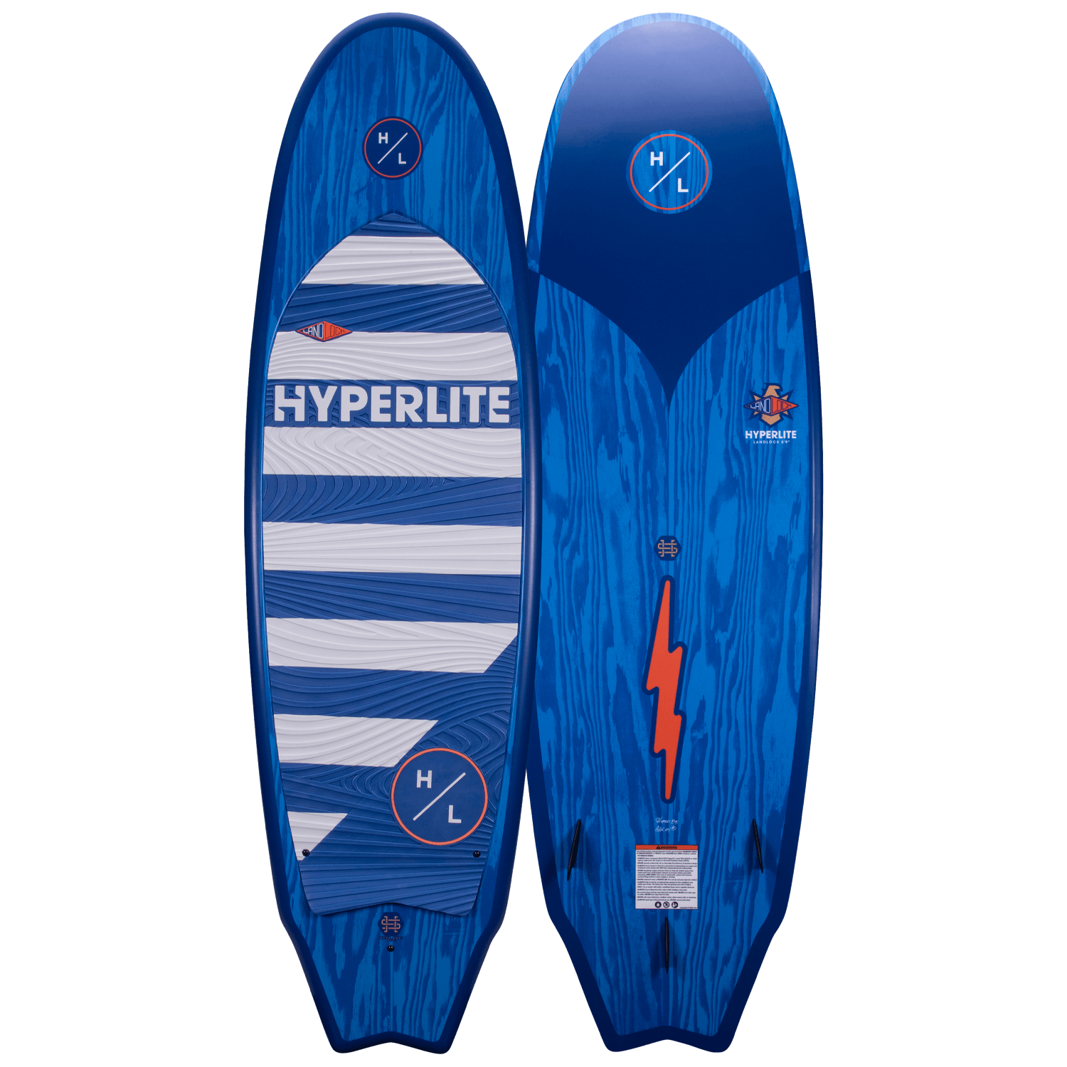 Hyperlite Landlock Wakesurf Board 2024 - A blue wakesurf board with a white and gray striped pattern on its deck.