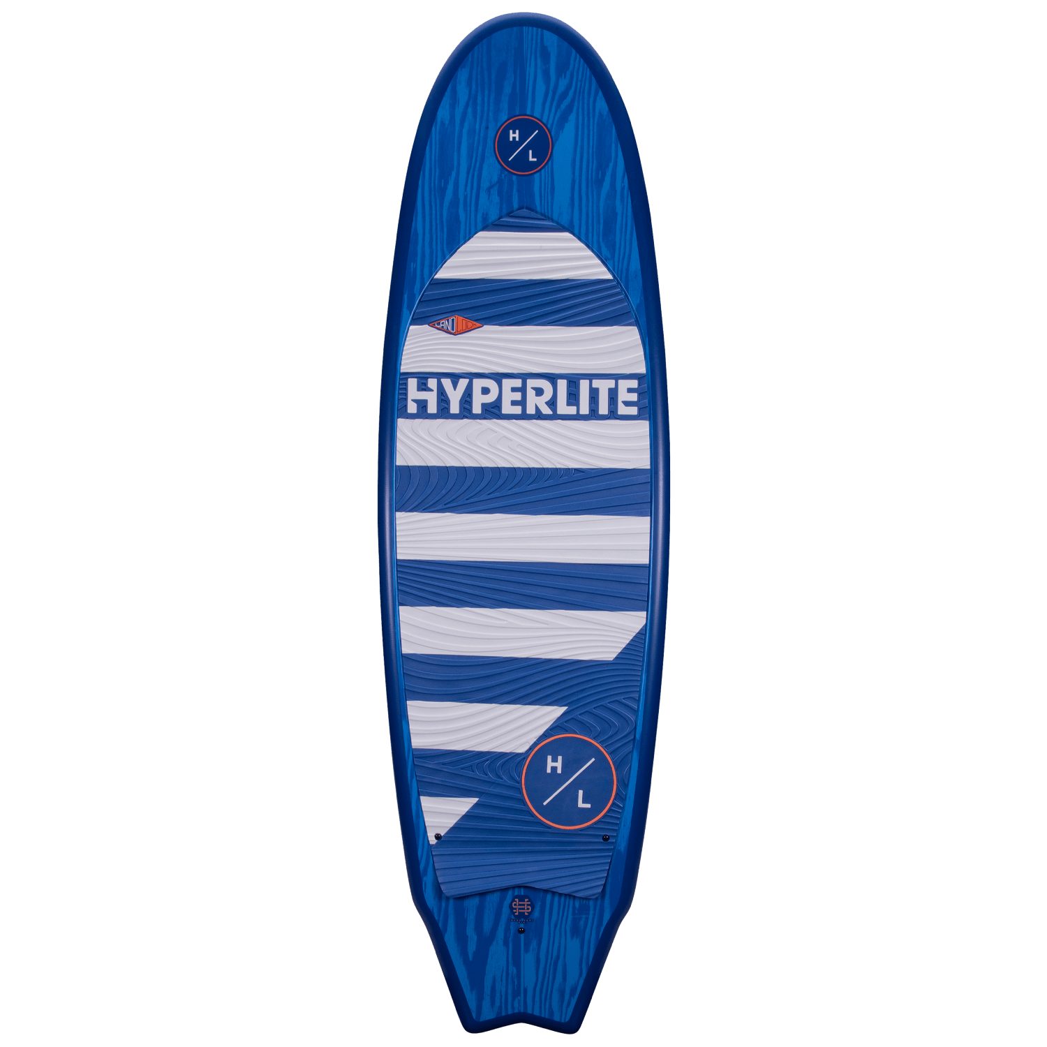 Hyperlite Landlock Wakesurf Board 2024 - A blue and white wakesurf board with a wood grain pattern on its deck.