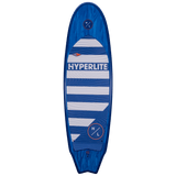 Hyperlite Landlock Wakesurf Board 2024 - A blue and white wakesurf board with a wood grain pattern on its deck.