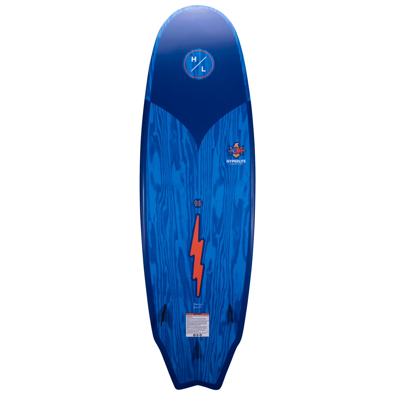 Hyperlite Landlock Wakesurf Board 2024 - A blue wakesurf board with a red lightning bolt logo on its center.