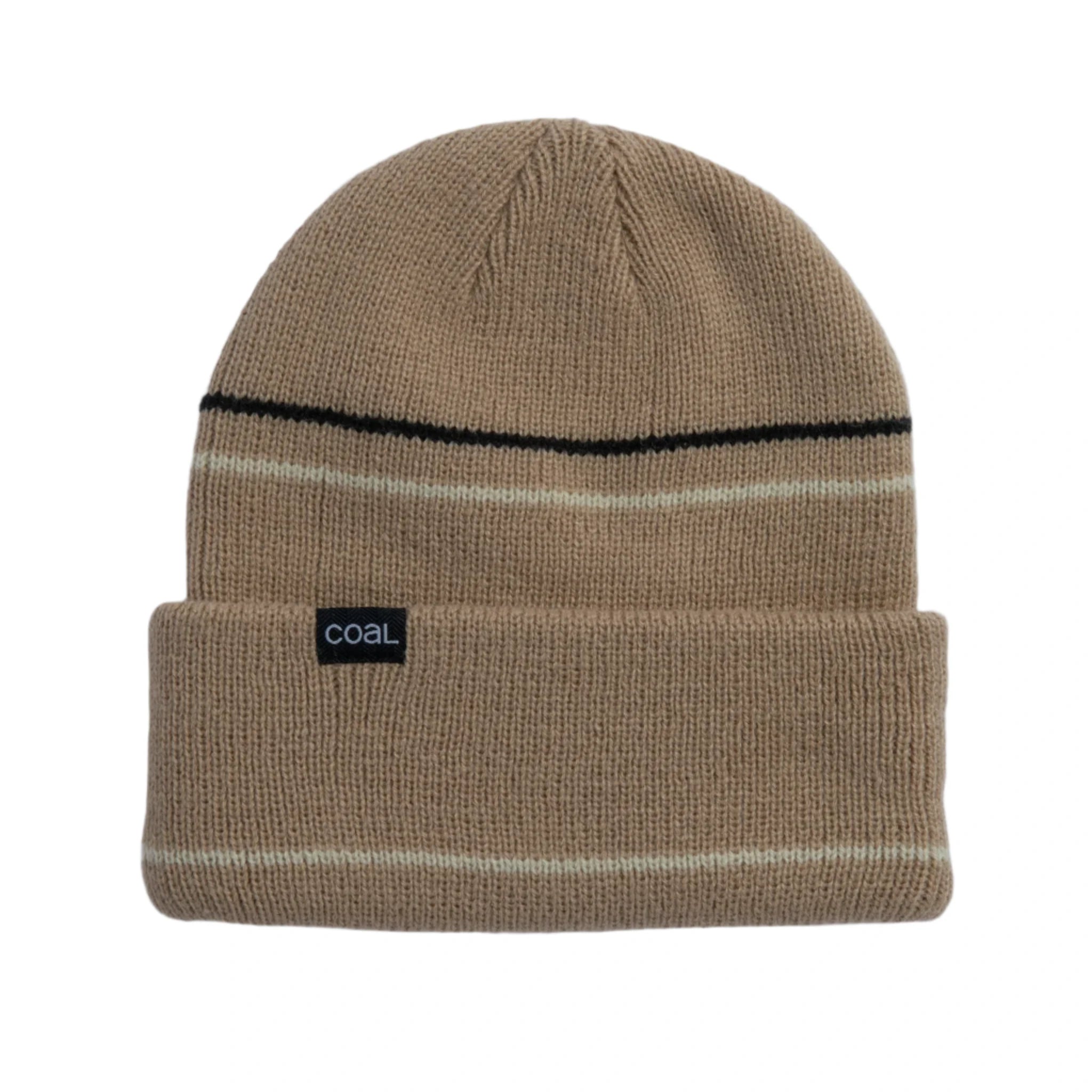 Coal Wayne Knit Cuff Beanie 2025 - A tan beanie with a black stripe and white stripes on either side of it.