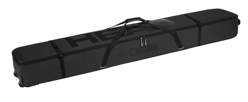 Head Freeride Double Ski Bag 2025 - A black ski bag with a zippered top and two straps on either side, featuring the word "HEAD" in large letters across the front.