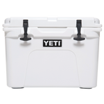 Yeti Tundra 35 Hard Cooler - A white cooler with a black handle on top and two black latches, one on each side.