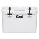 Yeti Tundra 35 Hard Cooler - A white cooler with a black handle on top and two black latches, one on each side.