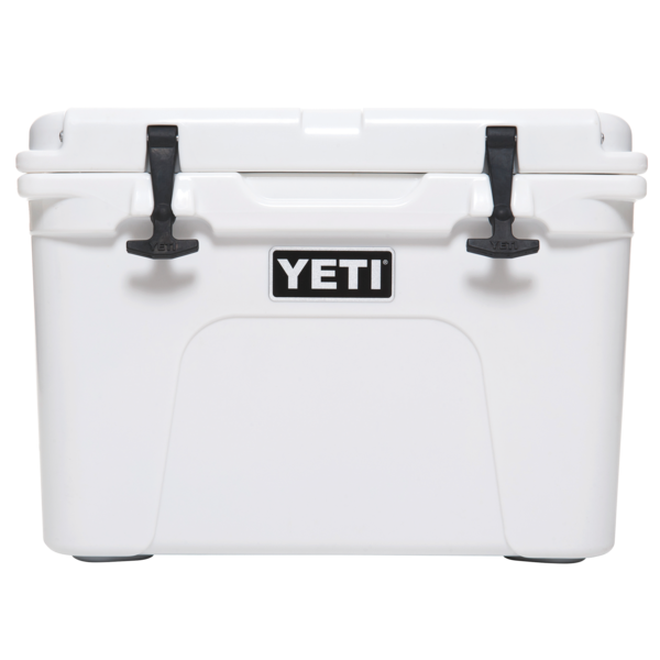 Yeti Tundra 35 Hard Cooler - A white cooler with a black handle on top and two black latches, one on each side.