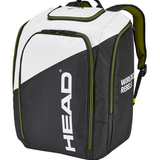Head Rebels Racing S Backpack 60L 2024 - A black backpack with white and green accents, featuring a zippered top compartment and two side pockets.
