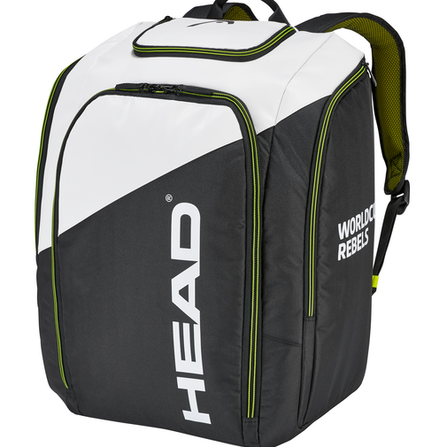 Head Rebels Racing S Backpack 60L 2024 - A black backpack with white and green accents, featuring a zippered top compartment and two side pockets.