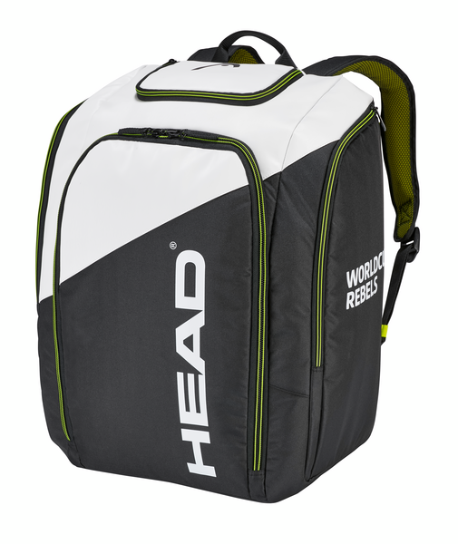 Head Rebels Racing S Backpack 60L 2024 - A black backpack with white and green accents, featuring a zippered top compartment and two side pockets.