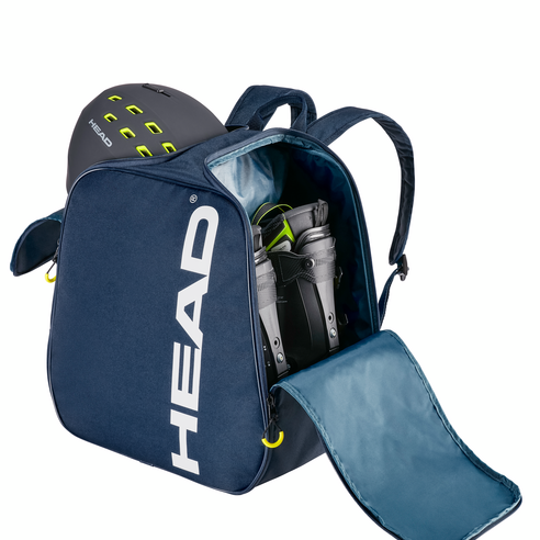 Head Boot Backpack 35L 2024 - A navy blue backpack with a zippered front pocket and two adjustable shoulder straps, featuring a white "HEAD" logo on the side.