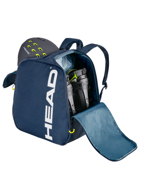 Head Boot Backpack 35L 2024 - A navy blue backpack with a zippered front pocket and two adjustable shoulder straps, featuring a white "HEAD" logo on the side.