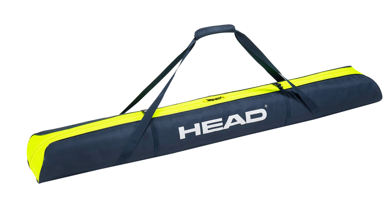 Head Double 175cm Ski Bag 2024 - A navy blue ski bag with a yellow stripe and black straps, featuring the word "HEAD" in white letters on one side.