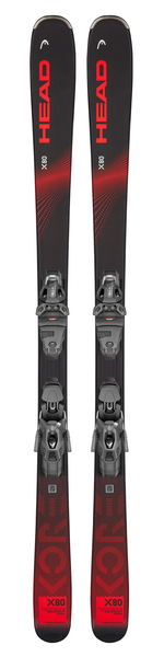Head Kore X 80 LYT Skis with PR 10 Bindings 2024 - Black skis with red and white lettering, featuring a distinctive "Kore" logo on the top of each ski.