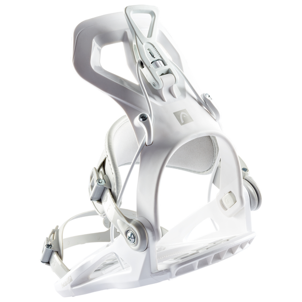 Head Women's RX FAY I Snowboard Bindings 2025 - White bindings with silver buckles and straps.