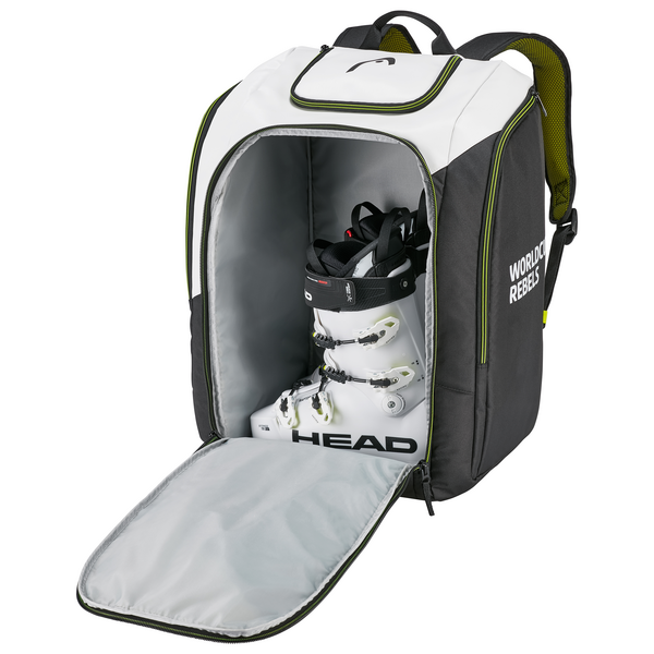 Head Rebels Racing S Backpack 60L 2024 - A white backpack with black trim and a zippered front pocket, featuring a large main compartment and two side pockets.