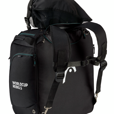 Head Heated Boot Bag - Black boot bag with white logo on front, zippered pocket and adjustable shoulder strap.