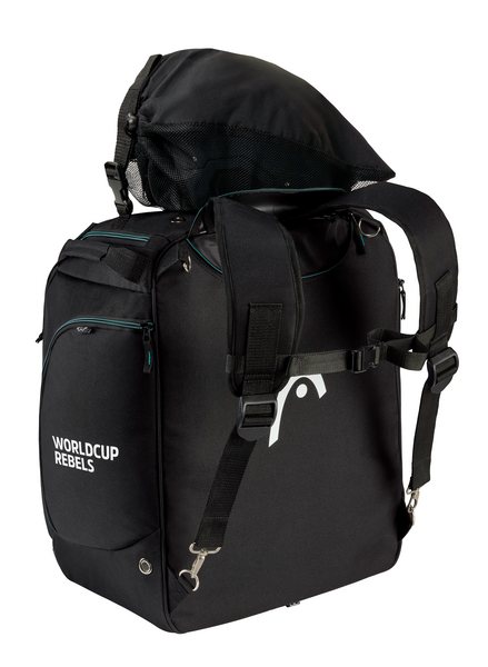 Head Heated Boot Bag - Black boot bag with white logo on front, zippered pocket and adjustable shoulder strap.
