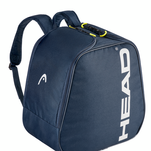 Head Boot Backpack 35L 2024 - A navy blue backpack with a white logo on the front and yellow accents on the zipper pulls.