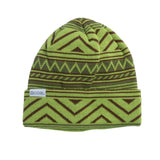 Coal Weston Mid Knit Beanie 2025 - A green beanie with a brown geometric pattern and a white label on the cuff that reads "COAL".