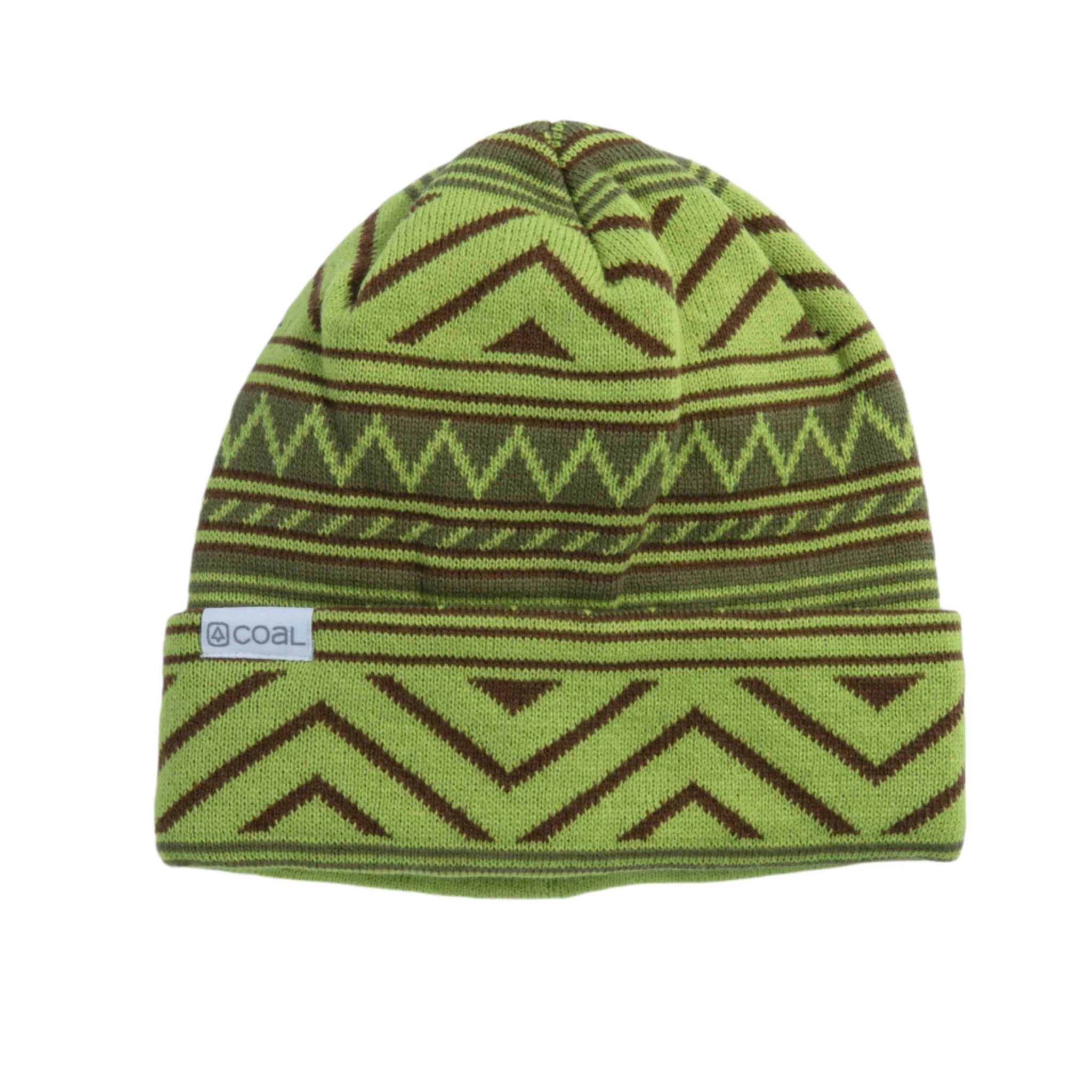 Coal Weston Mid Knit Beanie 2025 - A green beanie with a brown geometric pattern and a white label on the cuff that reads "COAL".