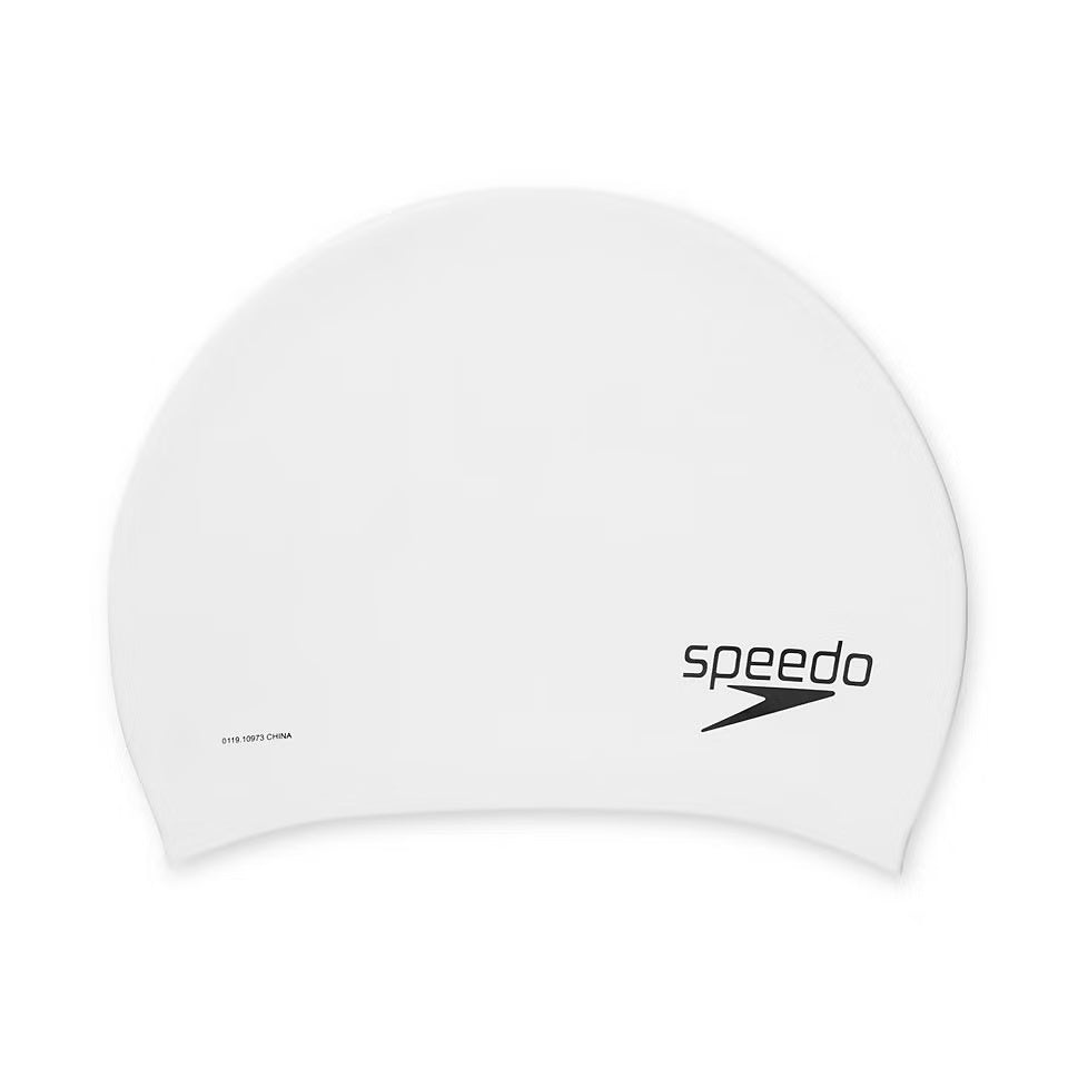 Speedo Silicone Long Hair Swim Cap - A white swim cap with a smooth, matte finish and a small Speedo logo on the front.