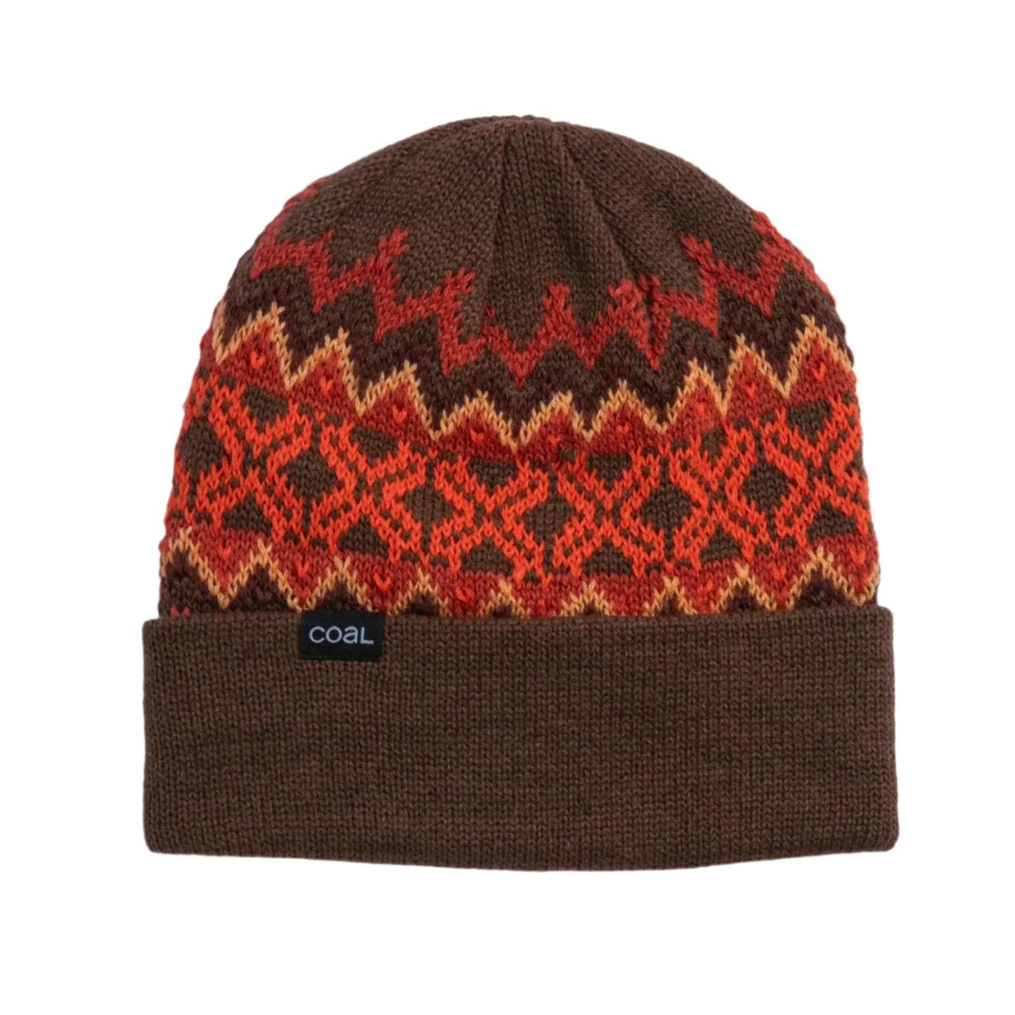 Coal Winters Rolled Cuff Beanie 2025 - A brown beanie with a red and yellow geometric pattern on top.